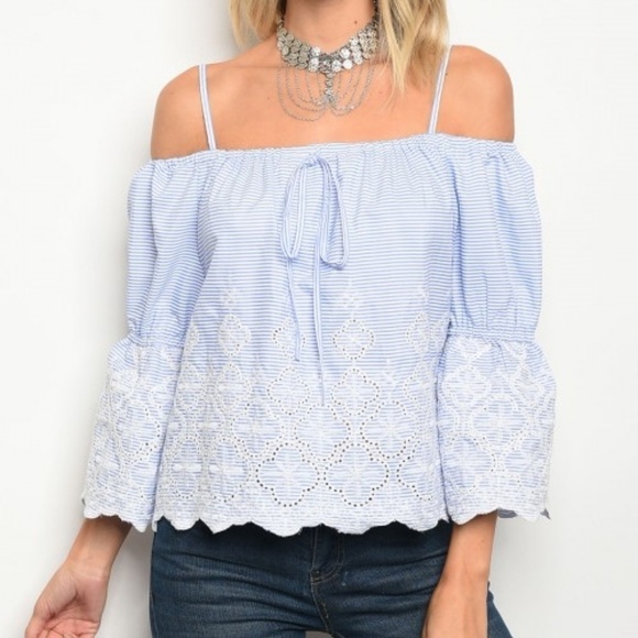 Off Shoulder Blue and White Striped Top - Picture 1 of 2